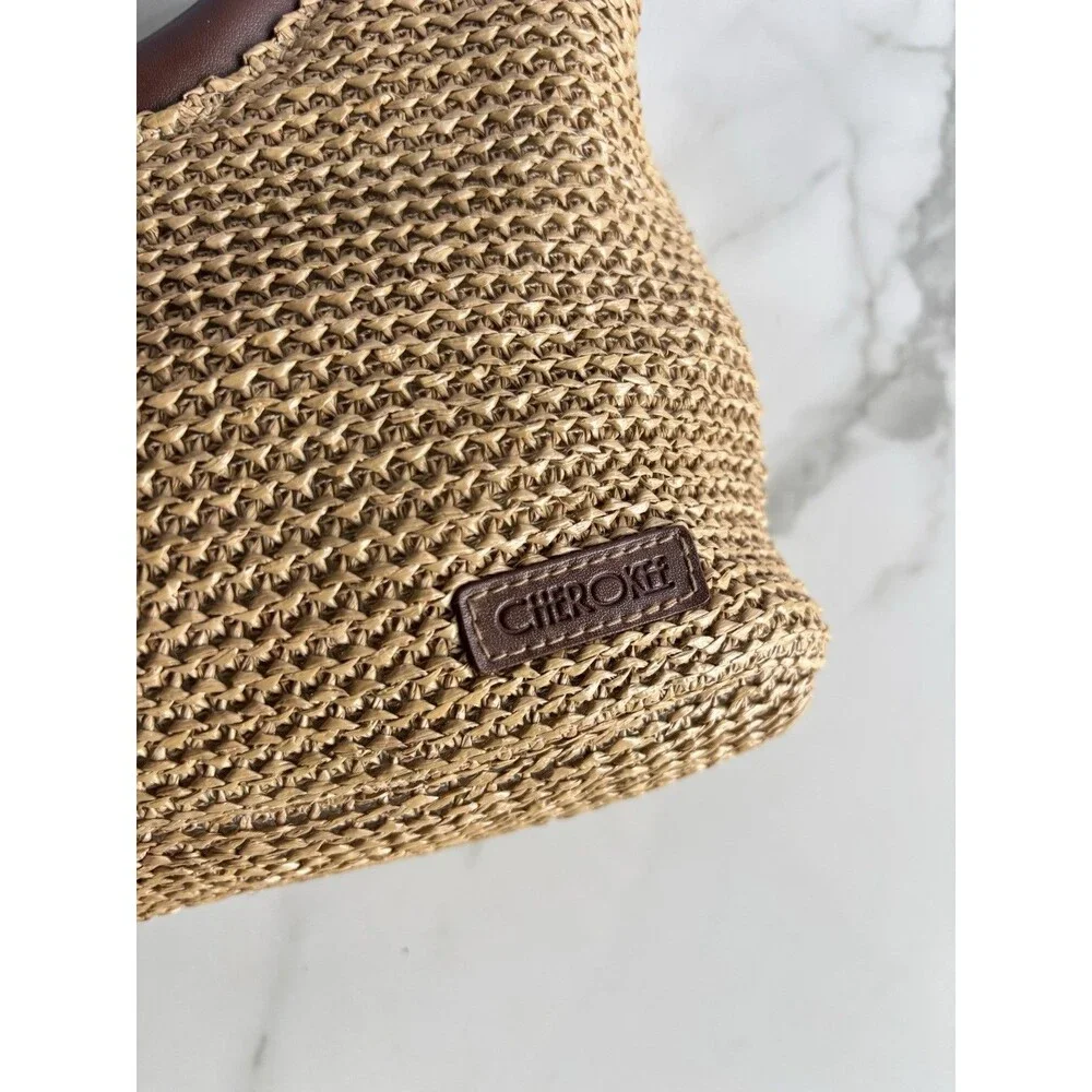 Vintage Cherokee Woven Straw Crossbody Bag Top Handle Purse Tan Brown 90s Y2K